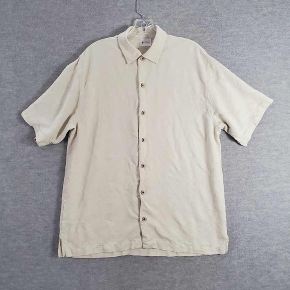 Tommy Bahama Men Button Up Shirt Large Beige 100% Silk Floral Jacquard Collar